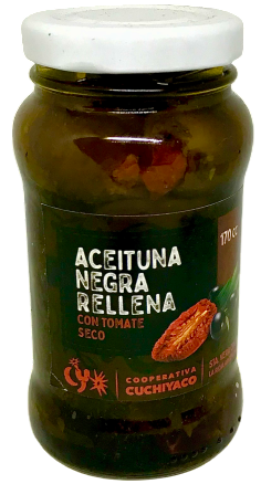 ACEITUNA NEGRA RELLENA TOMATE SECO CUCHIYACO X 200 GRS