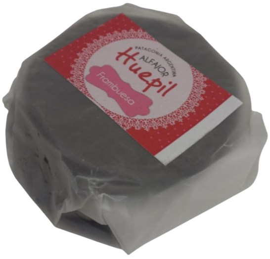 ALFAJOR HUEPIL RELLENO FRAMBUESA CUBIERTO CHOCOLATE X 80 GRS